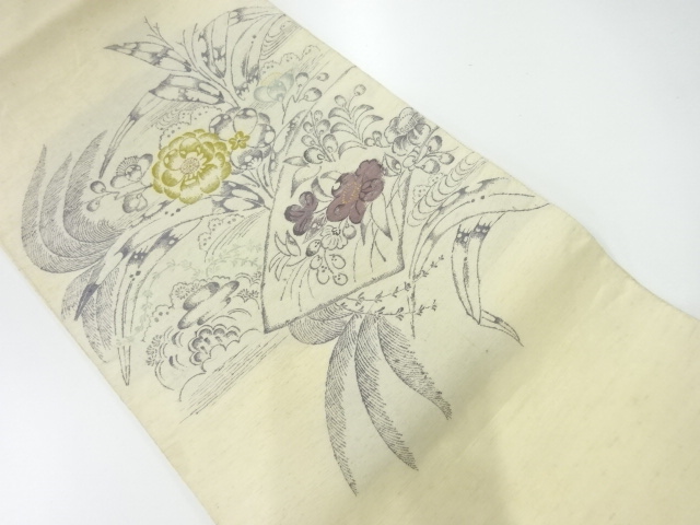 JAPANESE KIMONO / ANTIQUE FUKURO OBI / SILK / HAND WOVEN TSUMUGI / KIKU & CAMELLIA